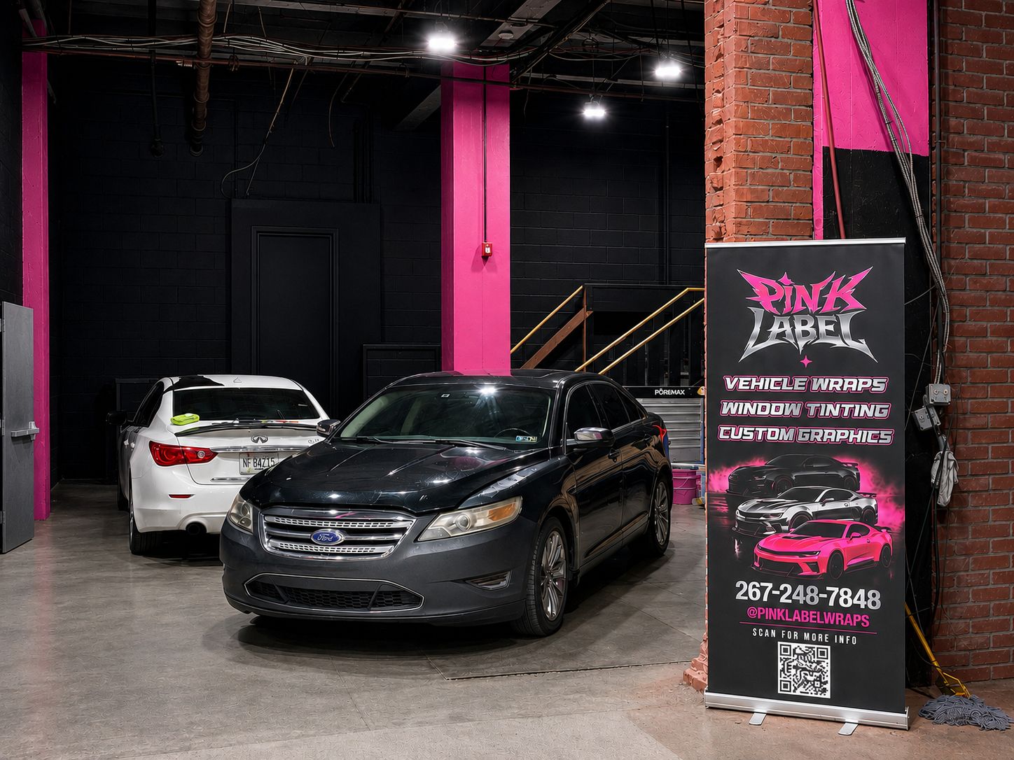 Custom printed Pink Label banner in the shop
