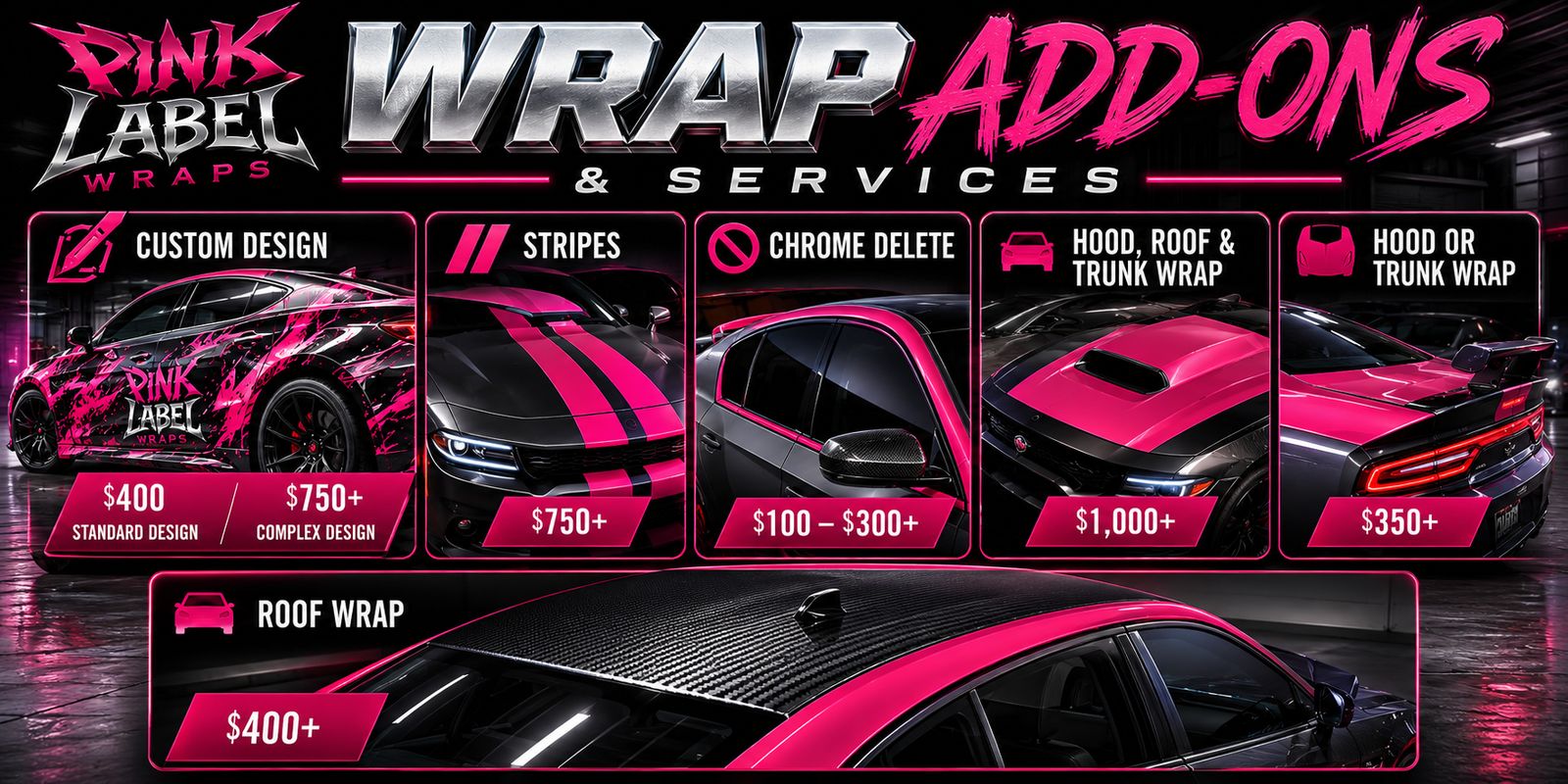 Stripes, chrome delete and hood, roof and trunk wraps